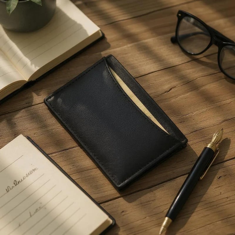 LB LEATHERBOSS Leatherboss Genuine Leather Business Card Holder Wallet | Expandable Pocket, Credit Card & ID Slots | Stylish & Compact | Black - Image 3
